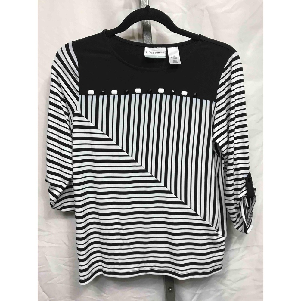 Alfred Dunner Petite PS Black White Striped Geometric Top 3/4 Sleeve Embellished